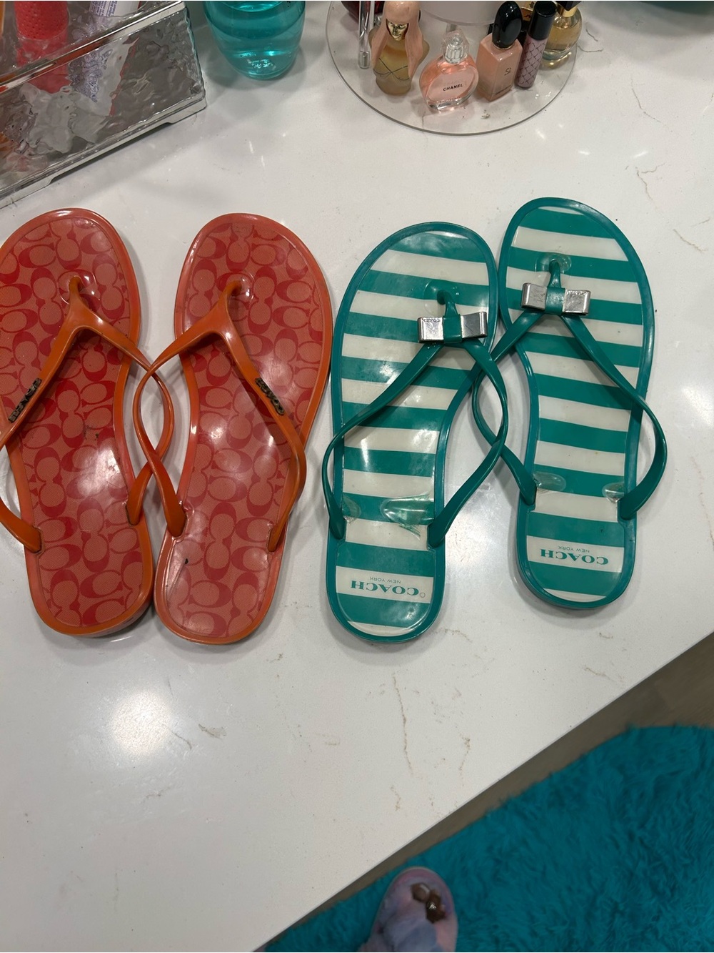 Coach Green & White Striped Jelly Flip Flops & Red Logo Jelly Flip Flops